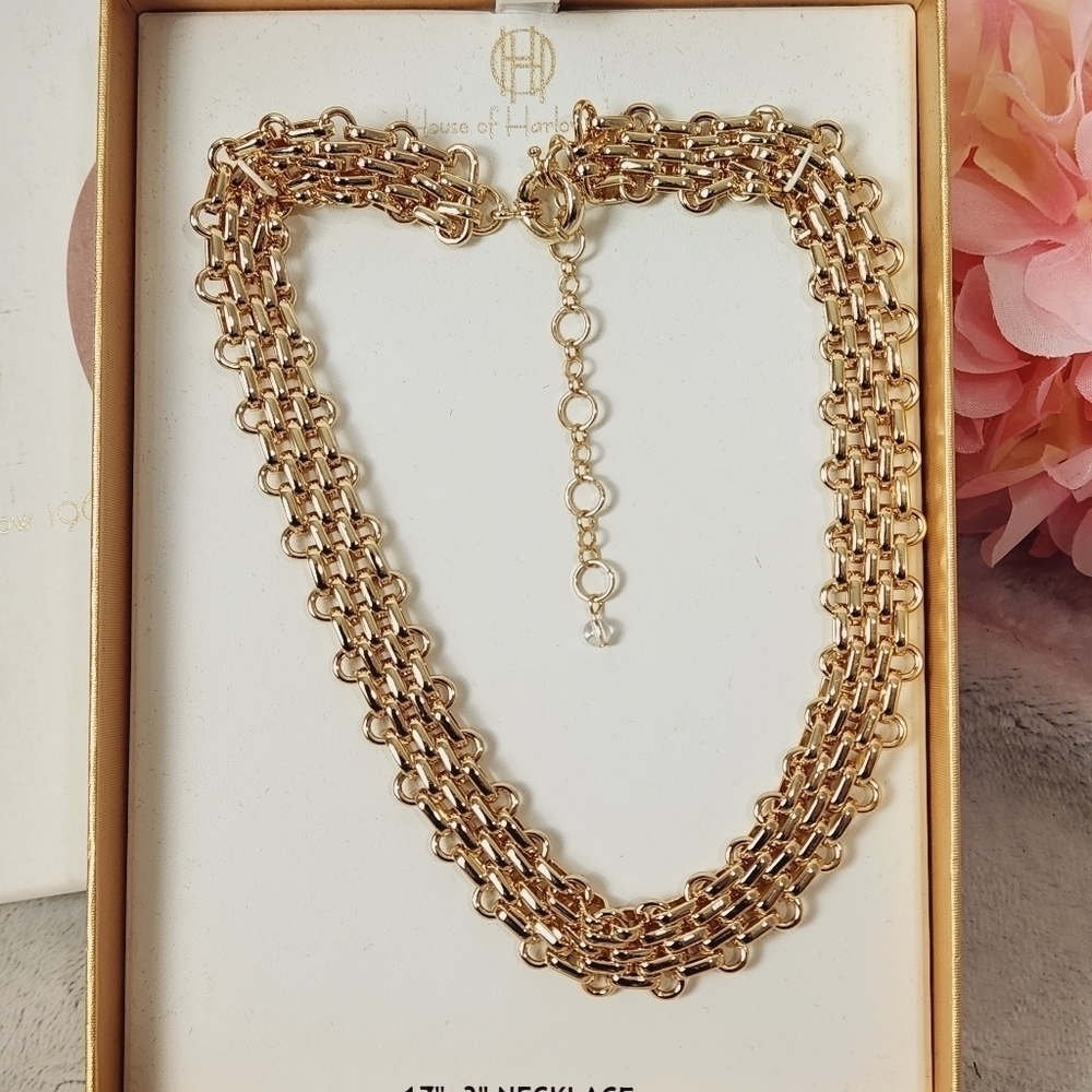 HOUSE Of Harlow 1960 Gold Chain Choker 17 "With 3" Necklace  3/4 In. Wide NIB - Picture 4 of 9